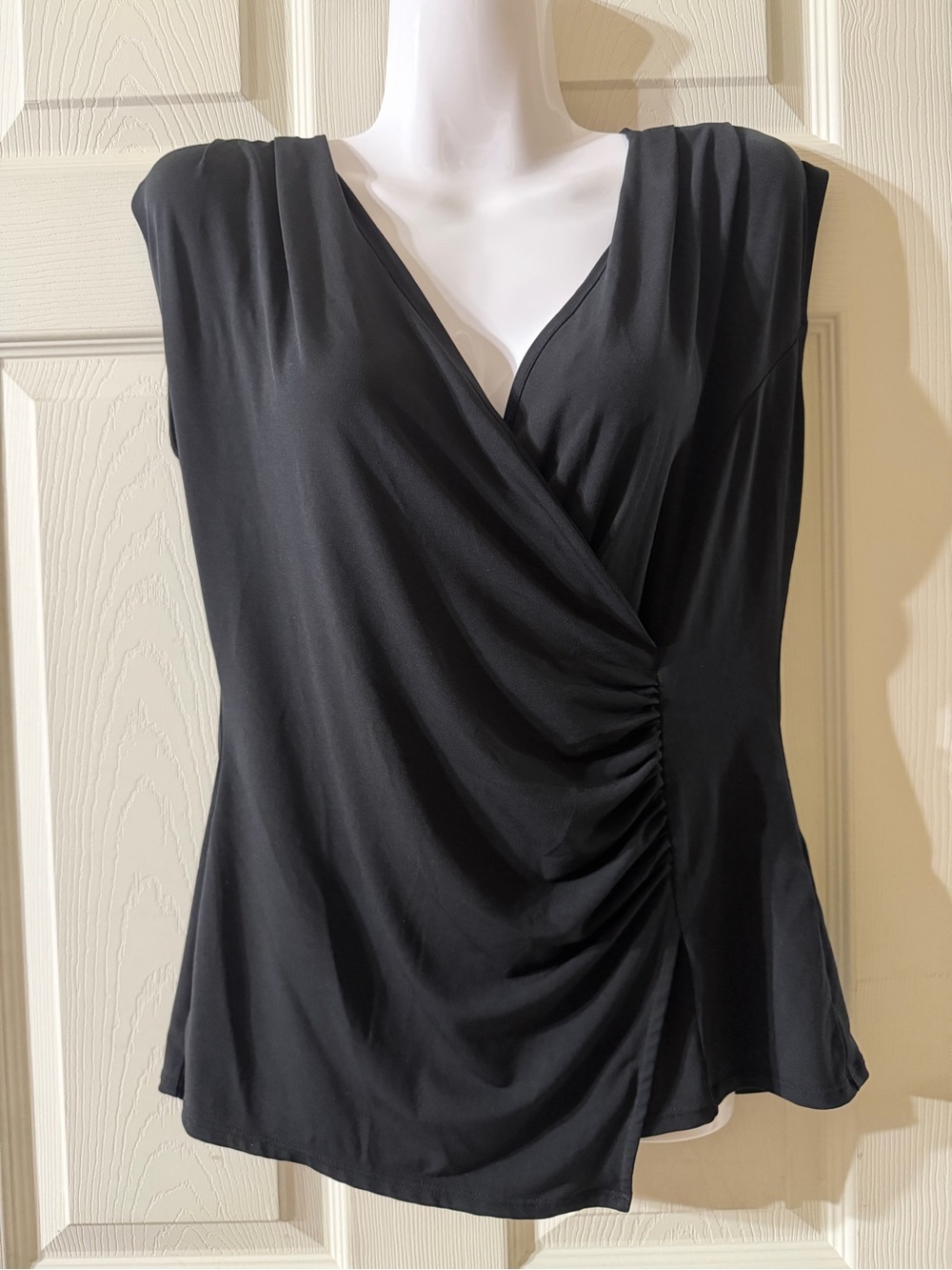New York & Company Black Ruched Faux-Wrap Sleeveless Top